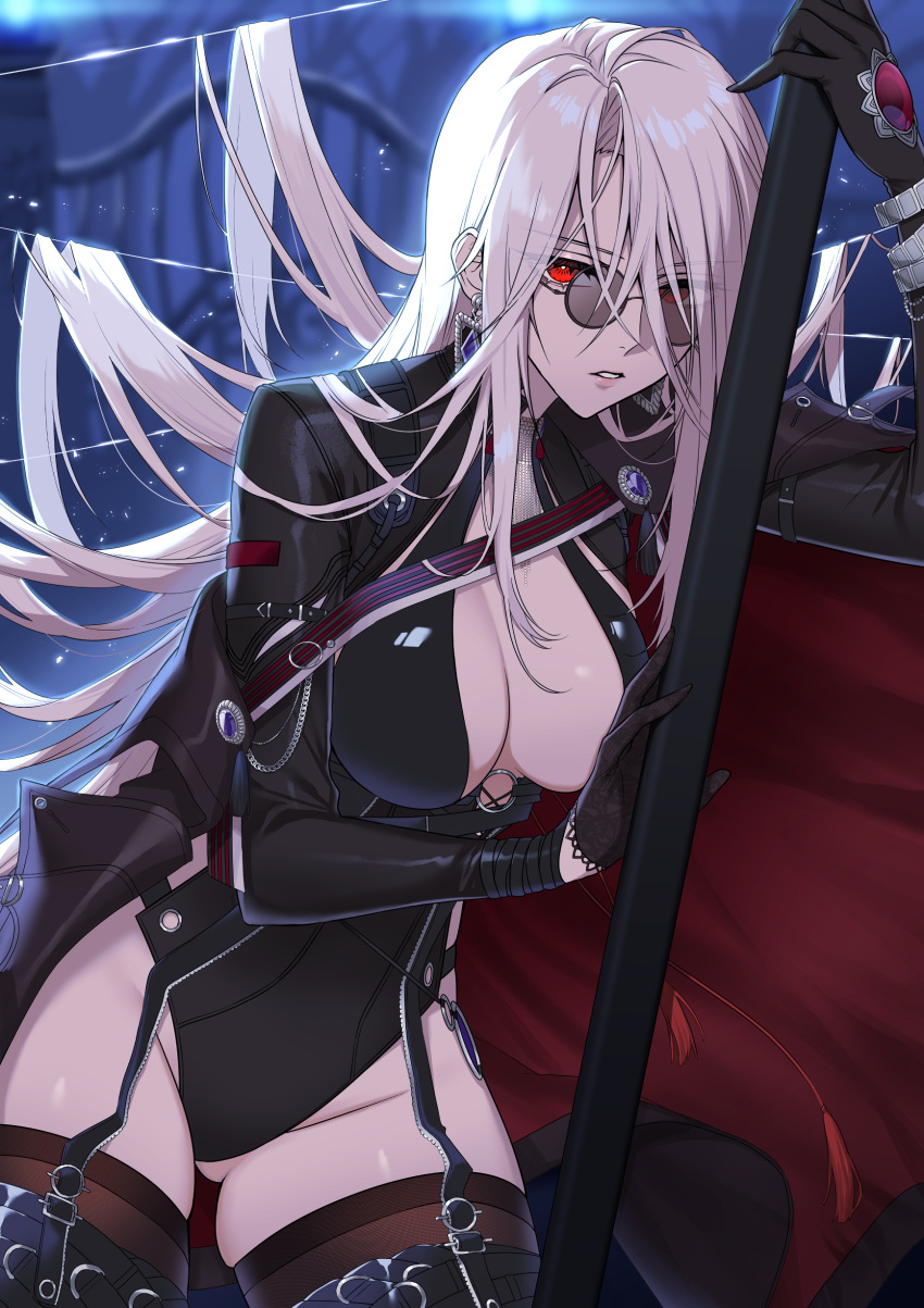 1girl absurdres breasts cleavage_cutout clothing_cutout dungeon_and_fighter female_slayer_(dungeon_and_fighter) glasses highres holding holding_sheath large_breasts long_hair red_eyes sheath thighhighs thighs usamero