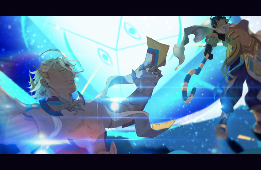 2boys ahoge battle blonde_hair brown_hair character_request crossover dark-skinned_male dark_skin duel egyptian_clothes fate/prototype fate/prototype:_fragments_of_blue_and_silver fate_(series) floating hair_between_eyes highres holding holding_staff king's_raid male_focus multiple_boys ozymandias_(fate) pectorals pyramid ren_(rendrrr) short_hair smile smirk staff third_eye toned toned_male yellow_eyes