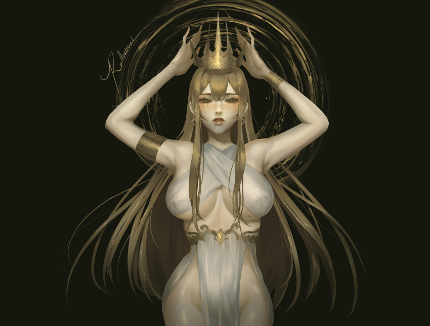 1girl bangs black_background blush bracelet breasts brown_eyes brown_hair covered_nipples crown earrings highres jewelry large_breasts long_hair looking_at_viewer open_hands original parted_lips pelvic_curtain putting_on_headwear roll_out_road solo underboob very_long_hair