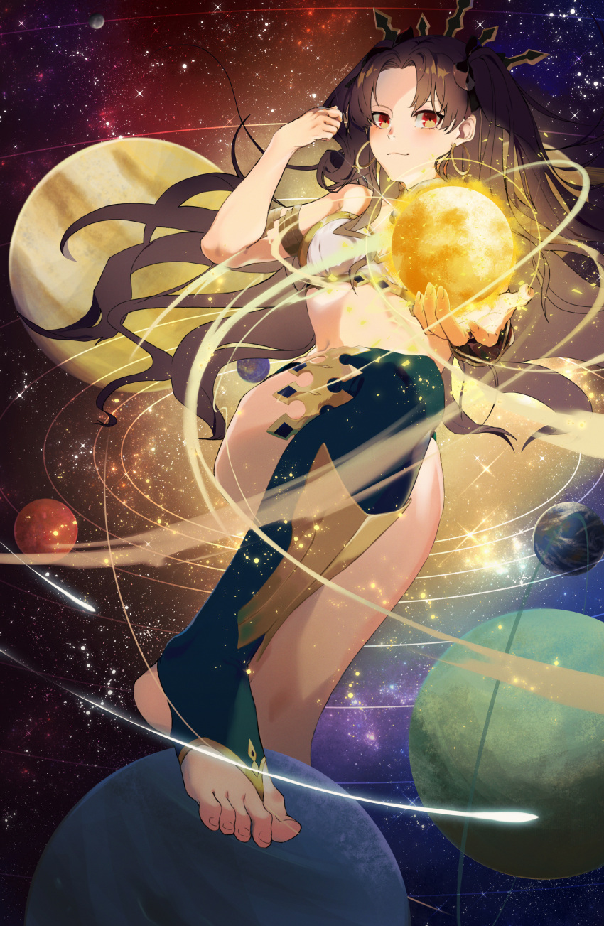1girl absurdres bangs bare_shoulders blush breasts commentary earrings fate/grand_order fate_(series) fighting_stance giant giantess glowing hair_ribbon highres hoop_earrings ishtar_(fate) jewelry long_hair looking_at_viewer parted_bangs planetary_ring red_eyes ren_(rendrrr) ribbon single_thighhigh sky smile solo star_(sky) starry_sky thighhighs two_side_up venus_(planet)