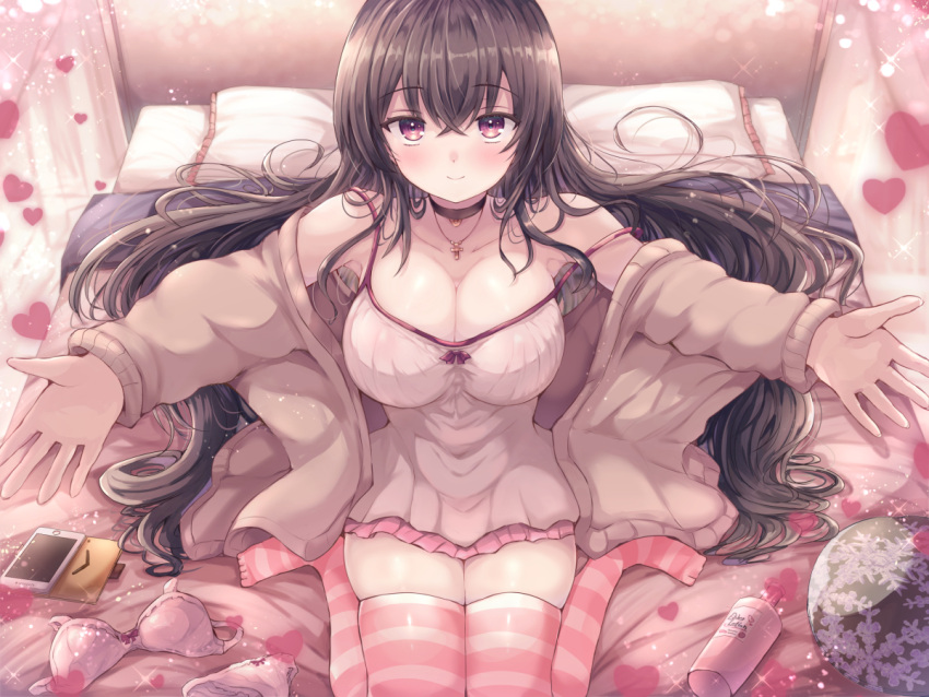 1girl bed bed_sheet black_hair blush breasts curtains indoors large_breasts lingerie long_hair looking_at_viewer naoyama_masaru negligee on_bed original pillow purple_eyes sitting sitting_on_bed striped striped_legwear thighhighs underwear