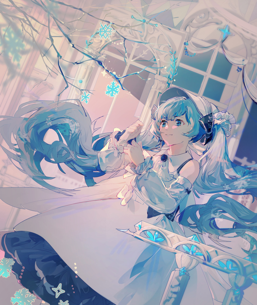 1girl absurdres blue_eyes blue_hair bonnet borrowed_design branch closed_mouth commentary detached_sleeves dress dutch_angle hatsune_miku highres indoors light_smile lobelia_(saclia) long_hair sleeveless sleeveless_dress snowflakes solo twintails very_long_hair vocaloid white_dress white_headwear white_sleeves yuki_miku