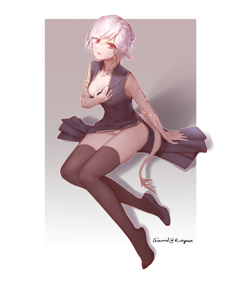 1girl absurdres au_ra avatar_(ffxiv) black_dress black_legwear breasts cleavage commentary dress eyebrows_visible_through_hair eyes_visible_through_hair final_fantasy final_fantasy_xiv full_body grey_background hair_bun hair_over_one_eye hand_on_breast highres horns looking_at_viewer panties parted_lips red_eyes scales signature solo thighhighs underwear white_background white_hair white_panties wudiyishileiyu