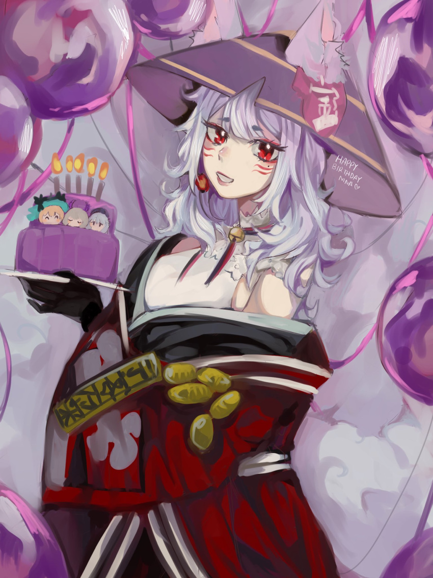 1girl animal_ear_fluff bell black_headwear black_kimono black_ribbon cake cape checkered_sash earrings english_commentary enna_alouette ethyria eyebrows_visible_through_hair food fox_girl grey_hair halter_top halterneck happy_birthday hat highres holding holding_cake holding_cape holding_clothes holding_food japanese_clothes jewelry kimono looking_at_viewer medium_hair mei_(adomanju) millie_parfait mole mole_under_eye neck_bell neck_ribbon nijisanji nijisanji_en nina_kosaka obi off_shoulder parted_lips red_eyeliner red_eyes red_ribbon reimu_endou ribbon sandals sash short_eyebrows single_earring smile solo virtual_youtuber