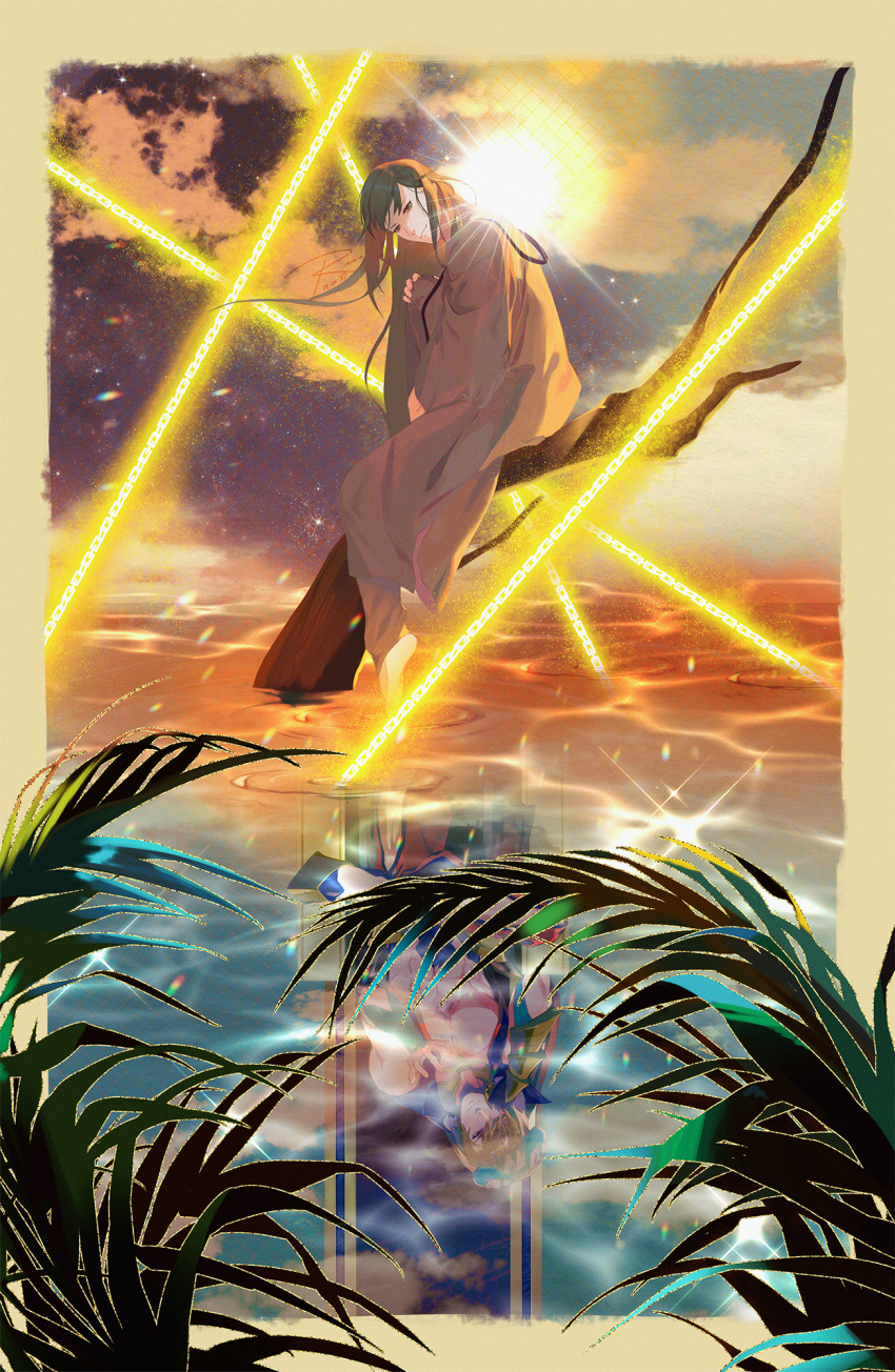 1boy androgynous branch cloud cloudy_sky enkidu_(fate) enkidu_(weapon)_(fate) fate/grand_order fate/strange_fake fate_(series) full_body gilgamesh_(caster)_(fate) gilgamesh_(fate) green_eyes green_hair head_tilt highres leaning_to_the_side long_hair looking_at_viewer male_focus reflection ren_(rendrrr) robe sky smile solo sun throne water