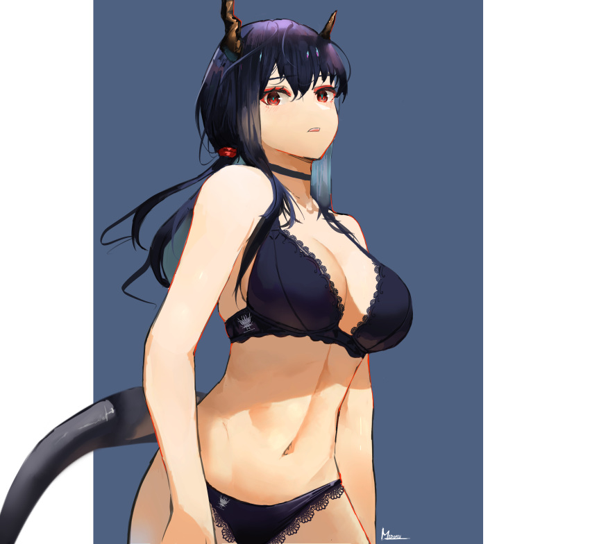 1girl absurdres arknights bangs bare_arms bare_shoulders black_bra black_choker black_panties blue_background blue_hair bra breasts ch'en_(arknights) choker cleavage commentary dragon_horns dragon_tail eyeshadow great_lungmen_logo hair_between_eyes highres horns lace-trimmed_bra lace-trimmed_panties lace_trim large_breasts long_hair looking_at_viewer makeup midoku navel panties parted_lips red_eyes solo stomach tail two-tone_background underwear underwear_only upper_body white_background