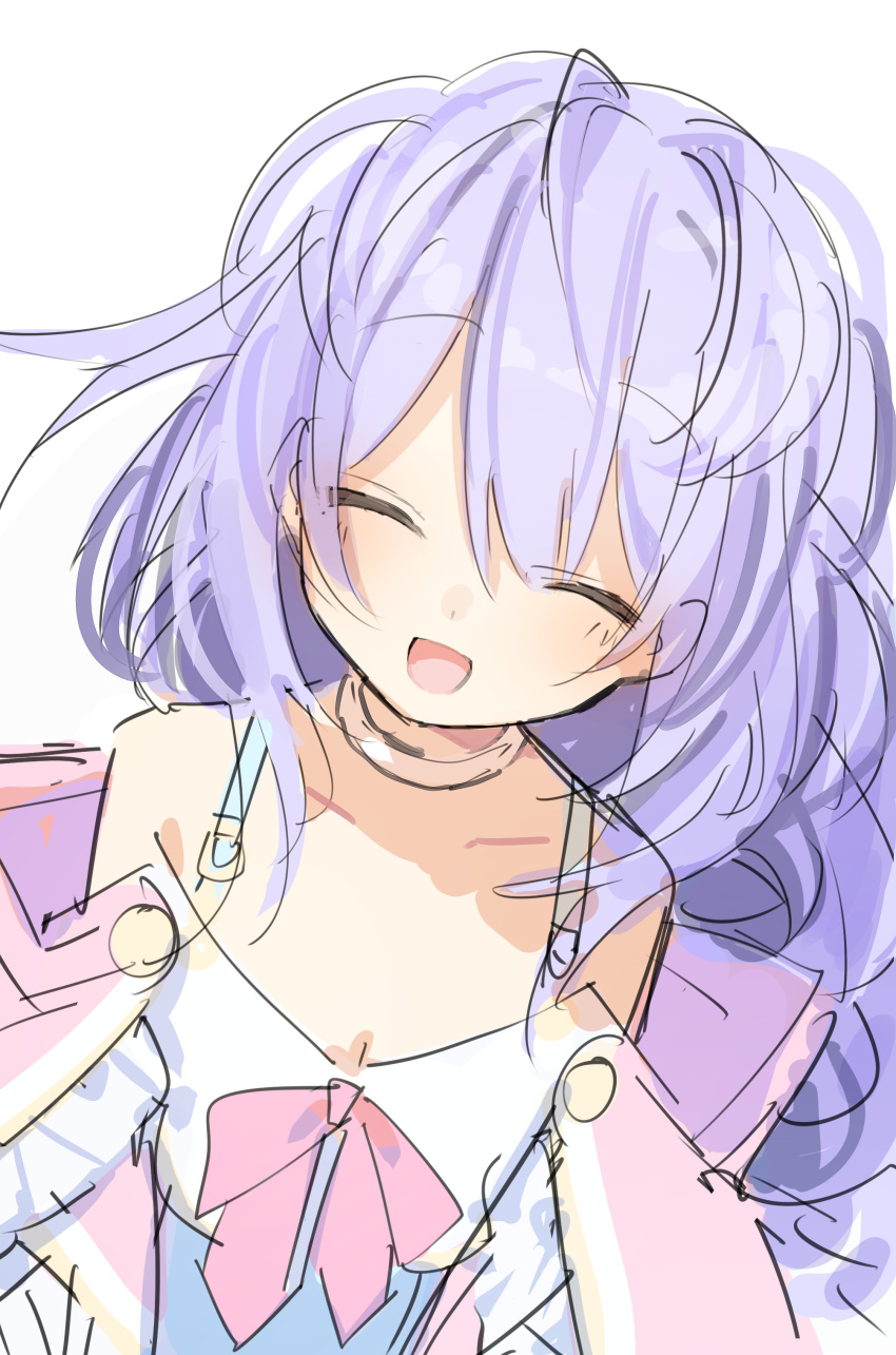 1girl absurdres bangs bare_shoulders blush braid breasts buran_buta closed_eyes collarbone eyebrows_visible_through_hair facing_viewer hair_ornament highres kami_jigen_game_neptune_v long_hair medium_breasts neptune_(series) open_mouth purple_hair pururut simple_background sketch smile solo white_background