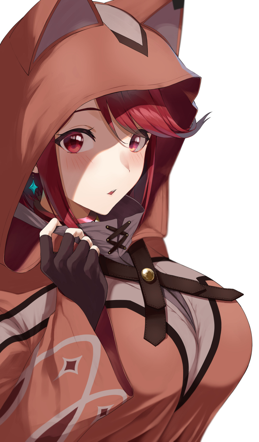 1girl :o absurdres breasts cleavage disguised_pyra_(xenoblade) fingerless_gloves gloves highres hood large_breasts looking_at_viewer official_alternate_costume pyra_(xenoblade) red_eyes red_hair simple_background solo upper_body white_background xenoblade_chronicles_(series) xenoblade_chronicles_2 yuuki_shin