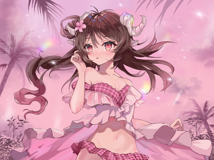 1girl animal_ears arknights bangs bare_shoulders bikini blush breasts brown_hair cleavage commentary eyebrows_visible_through_hair eyjafjalla_(arknights) eyjafjalla_(summer_flowers)_(arknights) flower hair_between_eyes hair_flower hair_ornament hand_up highres horns long_hair navel off-shoulder_bikini off_shoulder outdoors palm_tree parted_lips pink_bikini pink_eyes pink_flower pink_sky plaid plaid_bikini sheep_ears sheep_horns short_sleeves solo stomach swimsuit symbol-only_commentary tree upper_body uuuu_(xinguwu)