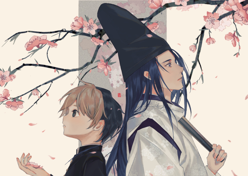 2boys age_difference back-to-back bangs bishounen black_hair blue_eyes blue_hair branch brown_hair cherry_blossoms closed_fan dyed_bangs expressionless falling_petals folding_fan from_side fujiwara_no_sai gakuran hand_fan hand_up hat height_difference hikaru_no_go holding holding_fan holding_petal japanese_clothes kariginu lips long_hair looking_away male_focus multicolored_hair multiple_boys paper_fan parted_lips petals profile school_uniform shindou_hikaru short_hair sidelocks tate_eboshi two-tone_hair upper_body yanyilan