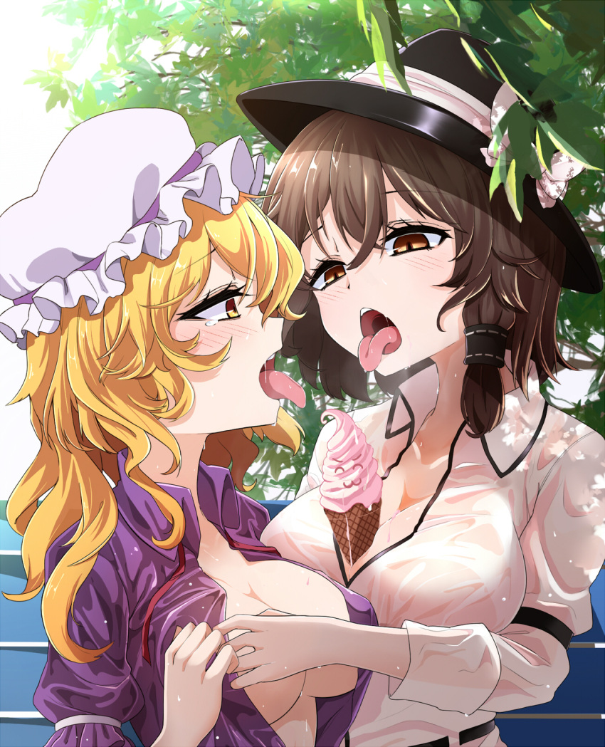 2girls between_breasts black_headwear blonde_hair blush bow breasts brown_eyes brown_hair cleavage collared_shirt commentary duplicate food hat hat_bow highres ice_cream large_breasts maribel_hearn mob_cap multiple_girls no_bra open_mouth pixel-perfect_duplicate purple_shirt rihito_(usazukin) sexually_suggestive shirt tears tongue tongue_out touhou usami_renko wet wet_clothes wet_shirt white_bow white_headwear white_shirt wing_collar yellow_eyes yuri