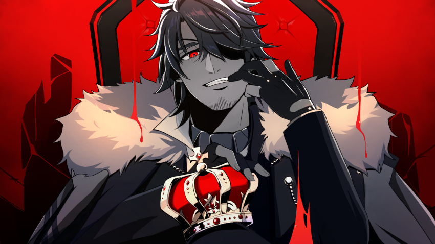 1boy bangs belmond_banderas black_gloves black_hair black_jacket blood cape choco_(chocovix112) crown eyepatch finger_in_mouth fur-trimmed_cape fur_trim gloves grey_cape hair_over_one_eye hand_up head_tilt highres jacket king_(vocaloid) long_sleeves male_focus nijisanji partially_fingerless_gloves red_background red_eyes sitting solo thick_eyebrows v-shaped_eyebrows virtual_youtuber