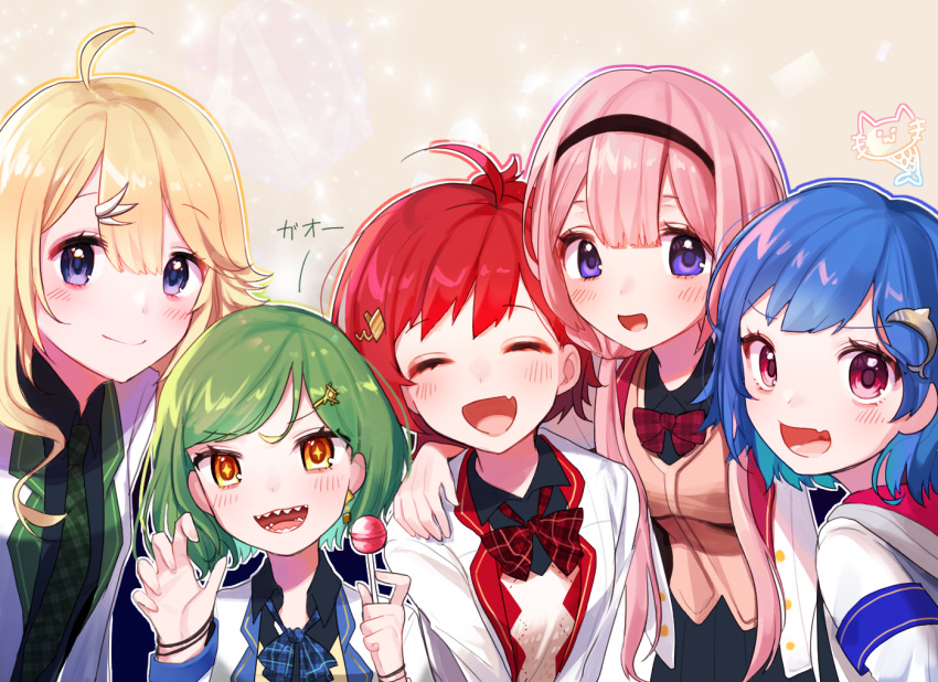 +_+ 5girls ^_^ asahina_akane_(nijisanji) bangs black_shirt blazer blonde_hair blush bow bowtie brown_eyes candy closed_eyes collared_shirt cowlick dolphin_hair_ornament eyebrows_visible_through_hair fang food green_hair green_necktie hair_behind_ear holding holding_candy holding_food holding_lollipop jacket kitakouji_hisui lollipop long_hair looking_at_viewer multiple_girls necktie nijisanji nishizono_chigusa nun_bora_(artist) open_hand open_mouth orange_vest pink_eyes purple_eyes red_bow red_bowtie red_hair school_uniform sharp_teeth shirt short_hair skin_fang smile suo_sango teeth toudou_kohaku vest virtual_youtuber white_jacket yellow_vest