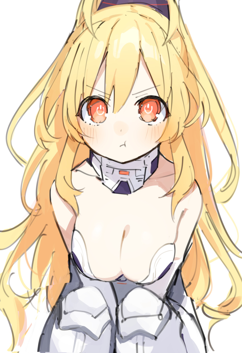 1girl absurdres bare_shoulders blonde_hair blush breasts buran_buta cleavage collar elbow_gloves eyebrows_visible_through_hair gloves highres kami_jigen_game_neptune_v large_breasts leotard long_hair neptune_(series) orange_eyes pout power_symbol sketch solo symbol-shaped_pupils thighhighs yellow_heart