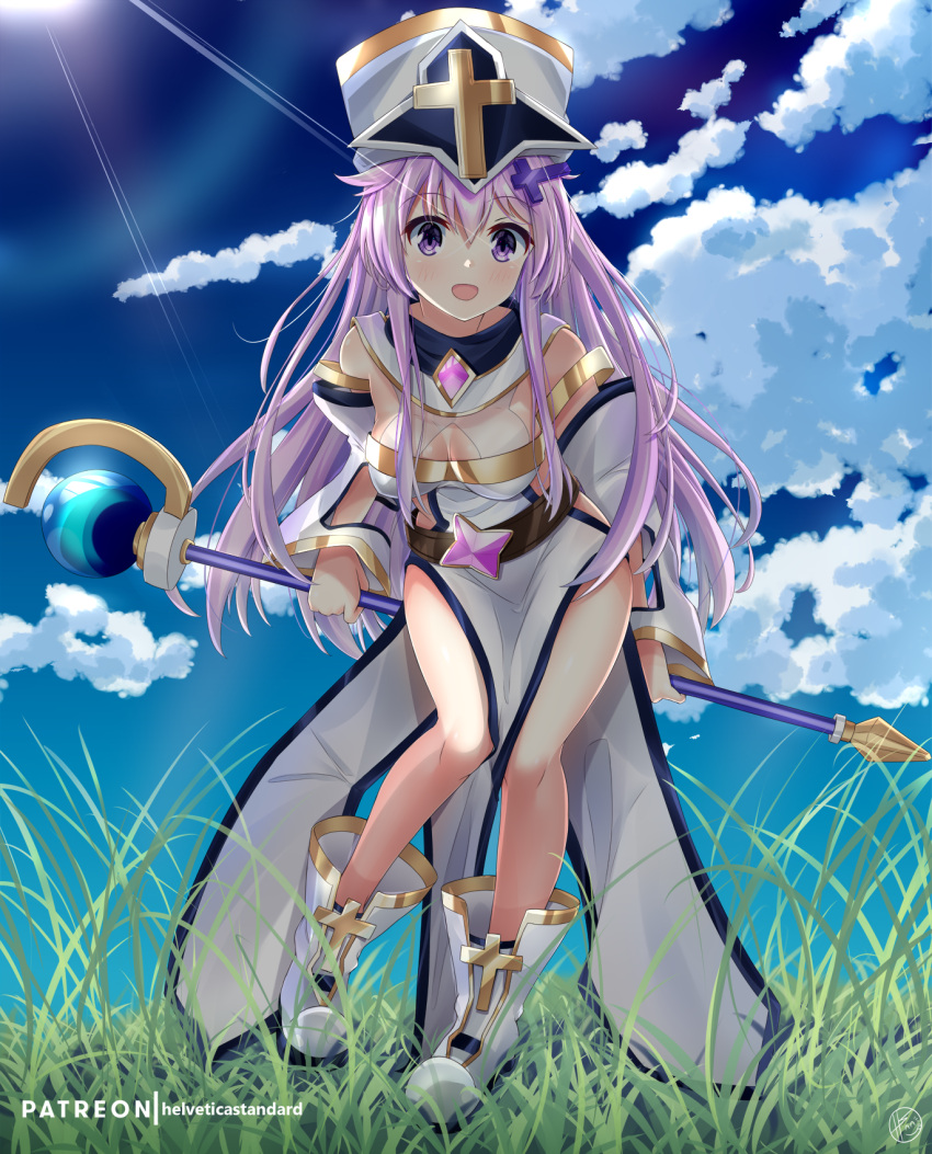 1girl belt blush breasts cloud cloudy_sky commentary_request day dress eyebrows_visible_through_hair grass hair_between_eyes helvetica_std highres holding holding_staff light_rays looking_at_viewer medium_breasts nepgear neptune_(series) open_mouth outdoors patreon_username purple_eyes purple_hair sky solo staff white_dress white_footwear white_headwear