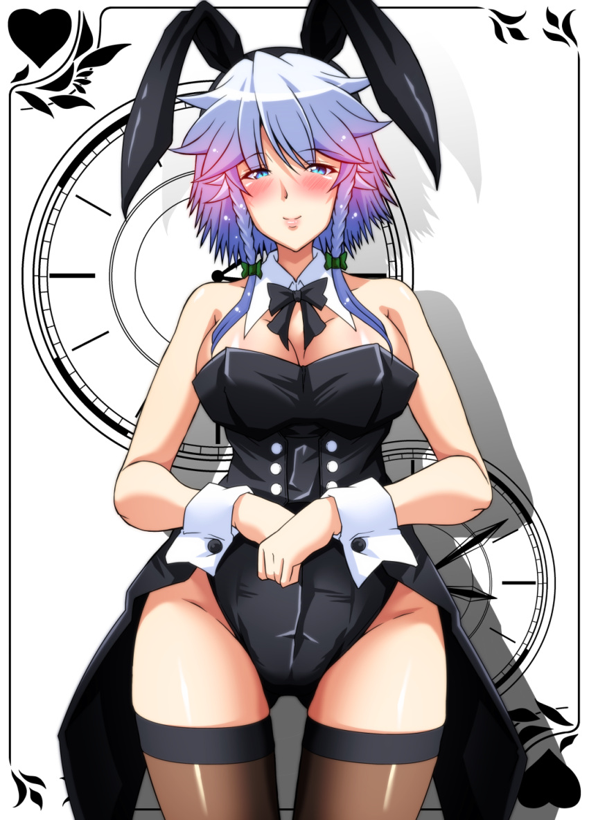 1girl alternate_costume animal_ears bangs bare_shoulders black_legwear black_neckwear black_ribbon blue_eyes blush braid breasts buttons cleavage collarbone commentary_request covered_navel eyebrows_visible_through_hair eyelashes fake_animal_ears hair_ribbon highres izayoi_sakuya large_breasts lips looking_at_viewer playboy_bunny rabbit_ears ribbon shadow shiny shiny_hair shiny_skin silver_hair smile solo standing tailcoat tatsuya_(guild_plus) thighhighs touhou tress_ribbon twin_braids twitter white_background wrist_cuffs