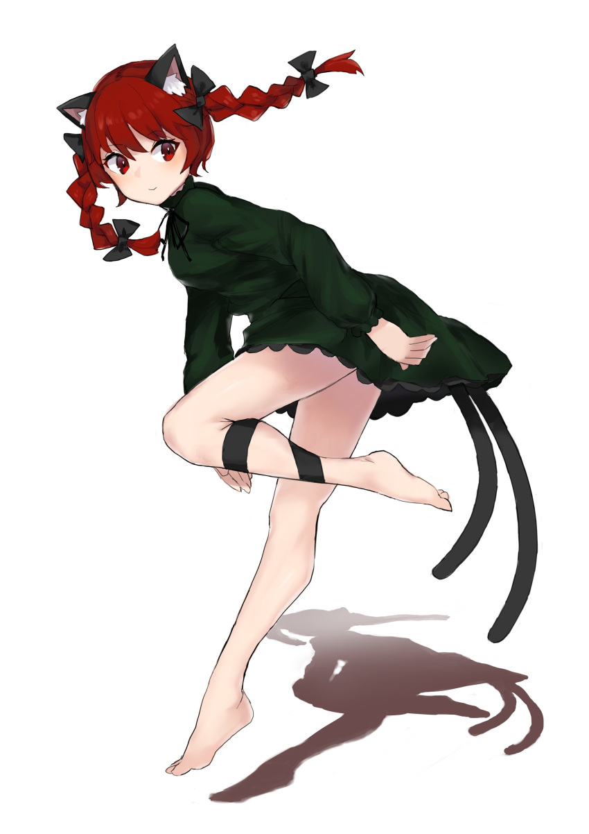 1girl absurdres animal_ear_fluff animal_ears barefoot bow braid cat_ears cat_tail commentary dress green_dress highres jumping kaenbyou_rin leg_ribbon legs looking_back matinmorgen multiple_tails nekomata red_eyes red_hair ribbon shadow slit_pupils solo subterranean_animism tail touhou twin_braids white_background