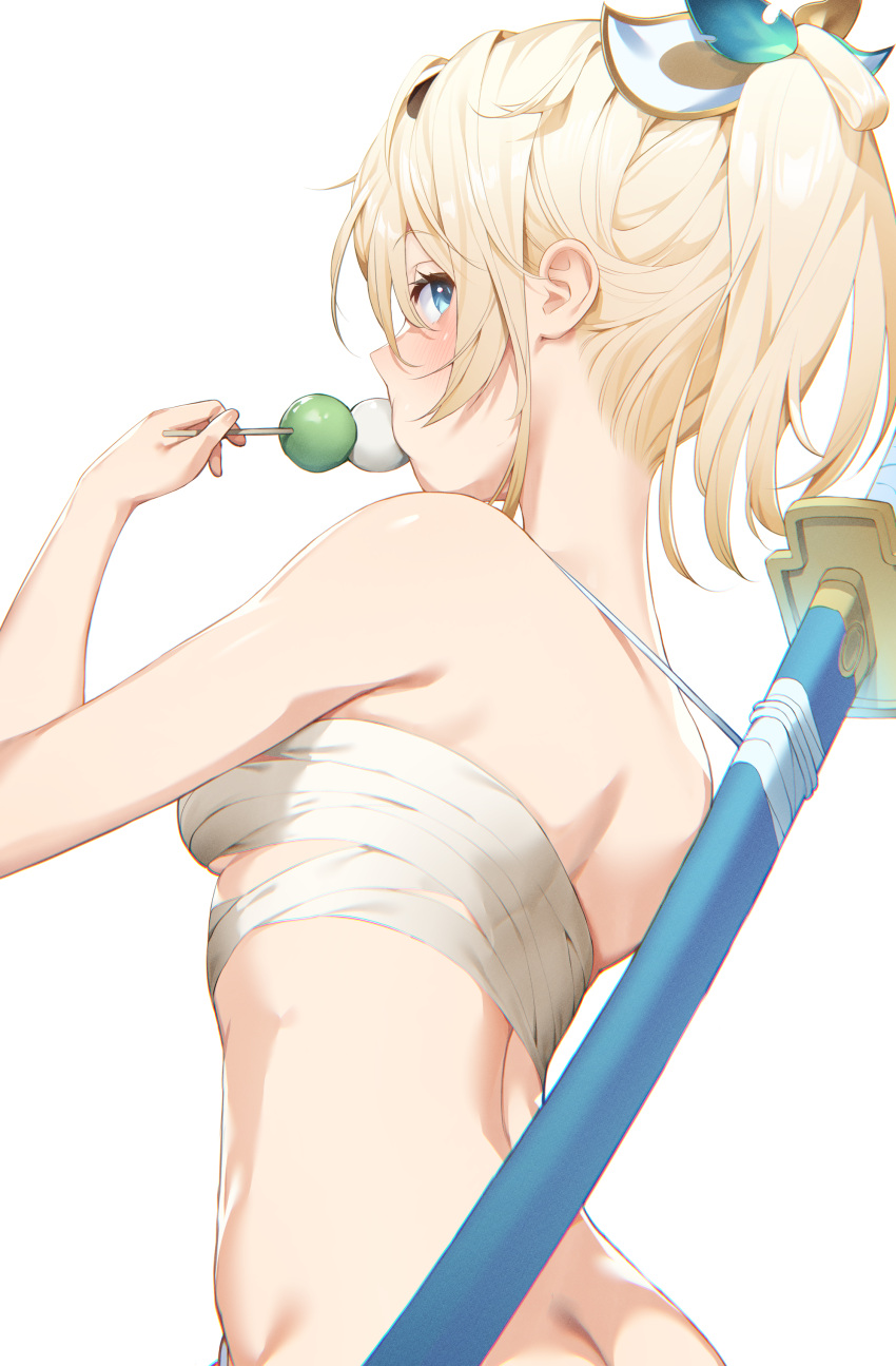 1girl absurdres back bangs bingsardina blonde_hair blue_eyes blush breasts chest_sarashi commentary dango eating english_commentary eyebrows_visible_through_hair food from_behind hand_up highres holding holding_food hololive kazama_iroha looking_at_viewer looking_back ponytail sarashi sheath sheathed short_hair simple_background small_breasts solo sword upper_body virtual_youtuber wagashi weapon weapon_on_back white_background