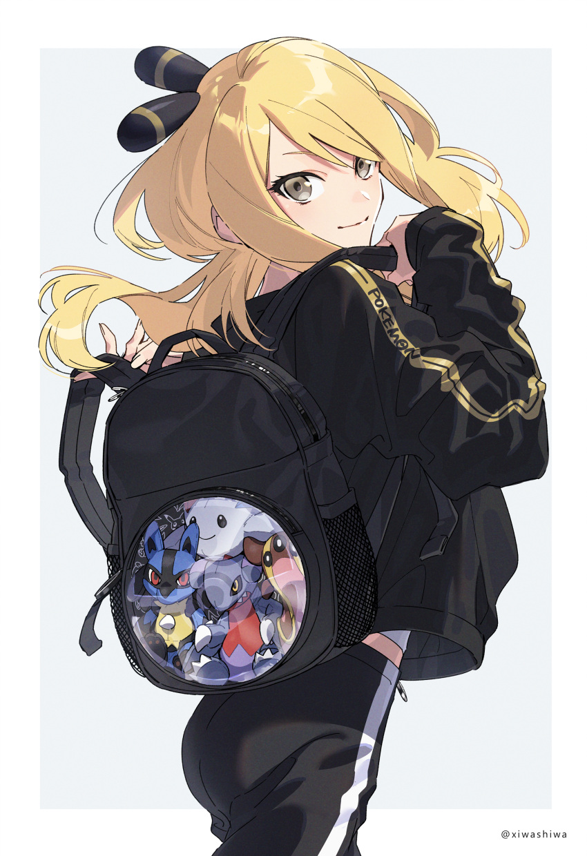 1girl absurdres artist_name ass backpack bag black_bag black_jacket black_pants blonde_hair border character_doll closed_mouth cowboy_shot cynthia_(pokemon) floating_hair from_behind garchomp gastrodon grey_eyes hair_ornament highres jacket long_hair looking_at_viewer looking_back lucario pants pokemon pokemon_(game) pokemon_dppt solo stuffed_toy togekiss track_jacket track_pants white_border xia_(ryugo) younger zipper_pull_tab