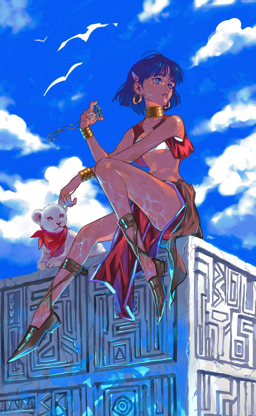 1girl bandeau bracelet closed_mouth cloud dark-skinned_female dark_skin earrings fushigi_no_umi_no_nadia hair_ornament hairclip highres jewelry king_(nadia) loincloth midriff nadia_la_arwall neck_ring necklace purple_hair short_hair strapless tube_top usakomu_(komugiko) vest