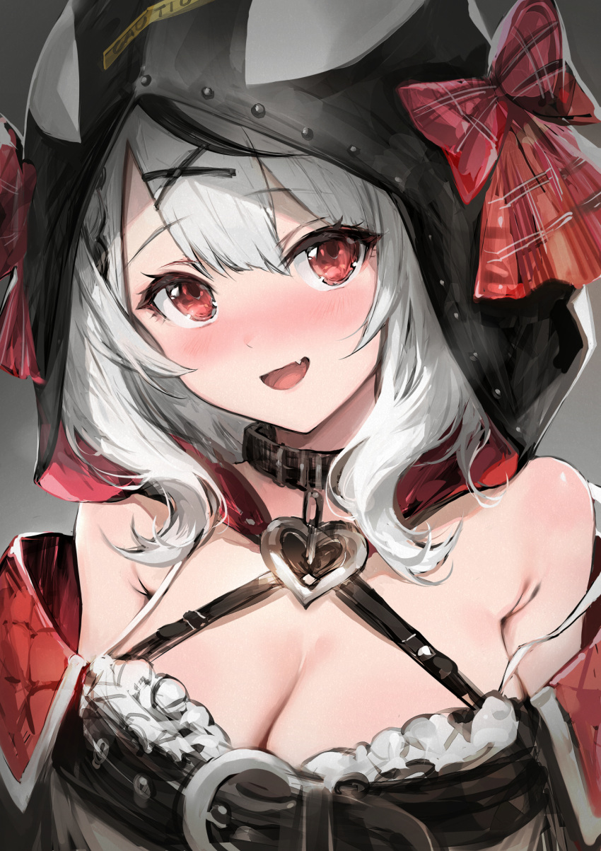 1girl :d armpit_crease bangs bare_shoulders belt black_belt black_collar blush bow breasts cleavage collar eyebrows_visible_through_hair fang hair_ornament haoni heart highres hololive hood hood_up large_breasts looking_at_viewer medium_hair off_shoulder open_mouth orca_hood plaid plaid_bow red_bow red_eyes revision sakamata_chloe smile solo upper_body virtual_youtuber x_hair_ornament