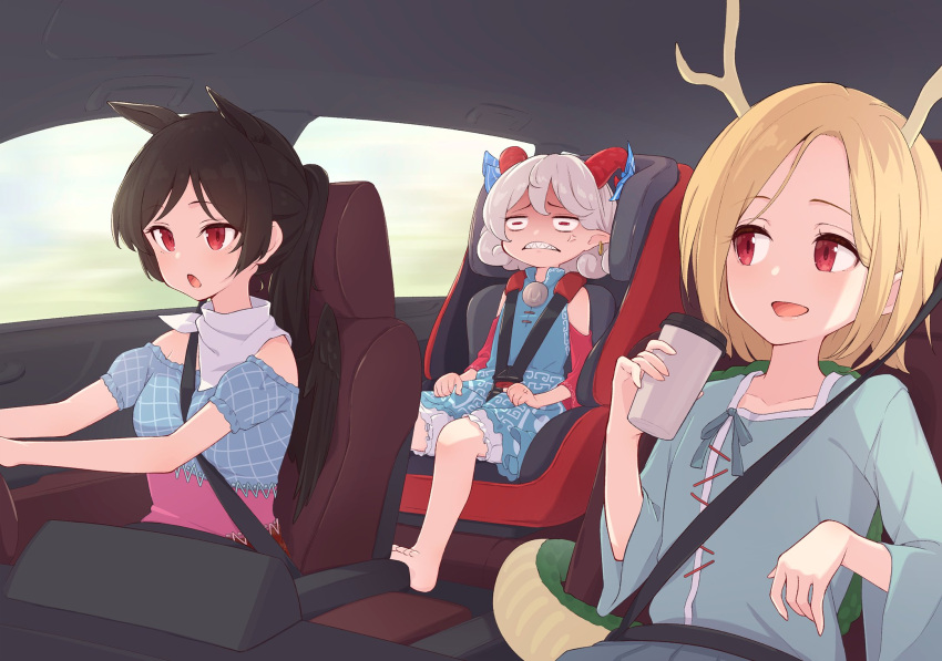 3girls :d anger_vein angry animal_ears bangs barefoot blonde_hair blush breasts brown_hair car_interior car_seat check_commentary child_safety_seat collarbone commentary commentary_request cup curled_horns dragon_girl dragon_horns dragon_tail driving earrings eyelashes flat_chest frustrated goat_horns highres holding holding_cup horizontal_pupils horns horse_ears horse_girl jewelry kanpa_(campagne_9) kicchou_yachie kurokoma_saki long_hair long_sleeves looking_afar looking_at_another medium_breasts medium_hair multiple_girls off-shoulder_shirt off_shoulder open_mouth pointy_ears ponytail puffy_short_sleeves puffy_sleeves red_eyes seat seatbelt sharp_teeth shirt short_hair short_sleeves sidelocks silver_hair sitting smile steering_wheel tail teeth touhou toutetsu_yuuma white_bandana wide_sleeves window