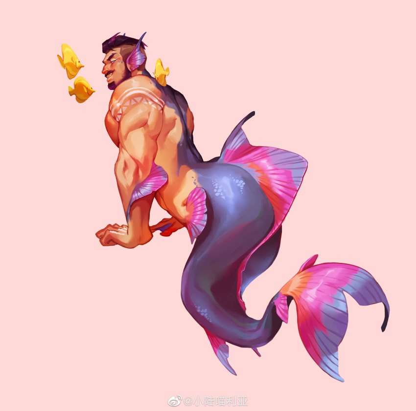 1boy absurdres ass bara beard black_hair blush bodypaint completely_nude facial_hair fins fish from_side full_body head_fins highres large_pectorals looking_at_viewer male_focus mature_male merman monster_boy multicolored_hair muscular muscular_male mustache nude original pectorals pink_background purple_hair seductive_smile short_hair smile solo streaked_hair undercut xiaolumiaoliya