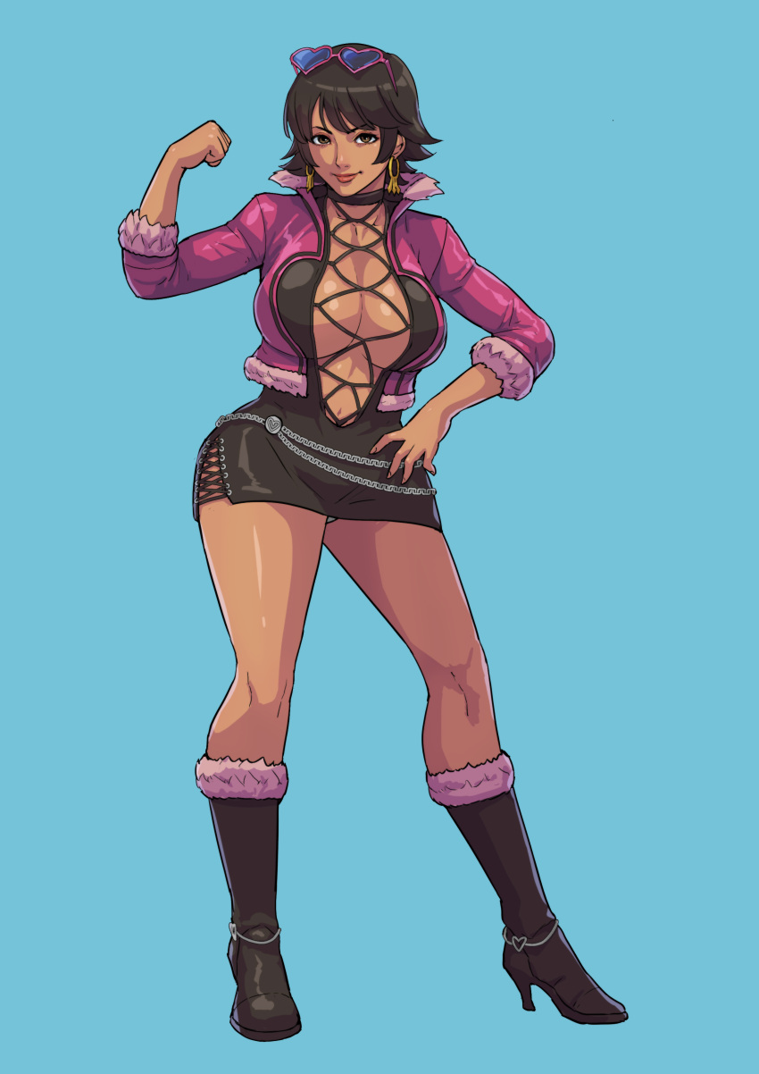 1girl absurdres boots breasts brown_eyes brown_hair cirenk cleavage cleavage_cutout clothes_lift clothing_cutout cosplay cropped_jacket dark-skinned_female dark_skin earrings eyewear_on_head flexing high_heel_boots high_heels highres jacket jewelry josie_rizal lace-up_top large_breasts pose shermie_(kof) smile solo sunglasses tekken tekken_7 the_king_of_fighters the_king_of_fighters_xv thighs