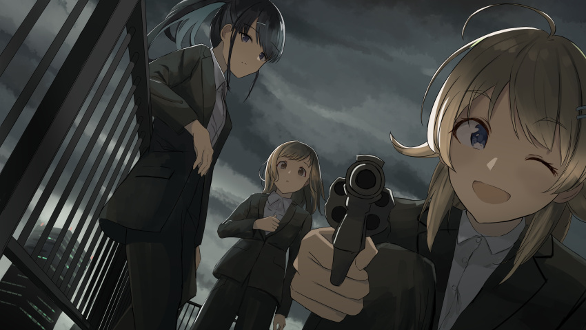 3girls ;d absurdres ahoge aiming_at_viewer bangs black_hair black_jacket black_pants blue_eyes brown_eyes brown_hair building cloud cloudy_sky collared_shirt commentary_request doran_(dorannomai) dress_shirt eyebrows_visible_through_hair formal grey_shirt gun hachimiya_meguru hair_ornament hairclip highres holding holding_gun holding_weapon idolmaster idolmaster_shiny_colors jacket kazano_hiori long_hair looking_at_viewer multiple_girls one_eye_closed outdoors pant_suit pants ponytail railing revolver sakuragi_mano shirt sky smile suit weapon