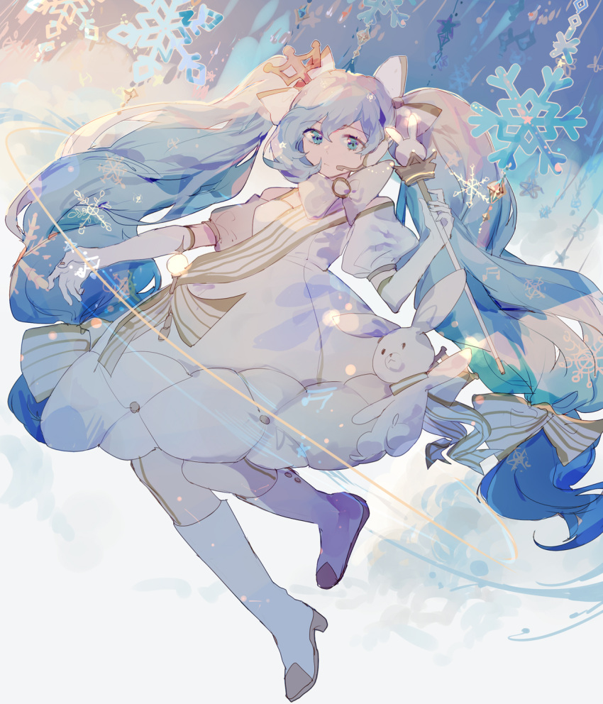 1girl blue_background blue_eyes blue_hair boots borrowed_design bow dress elbow_gloves full_body gloves hair_bow hatsune_miku highres holding holding_staff knee_boots lobelia_(saclia) long_hair puffy_short_sleeves puffy_sleeves rabbit_yukine short_sleeves snowflakes solo staff symbol-only_commentary twintails very_long_hair vocaloid white_background white_bow white_dress white_footwear white_gloves yuki_miku