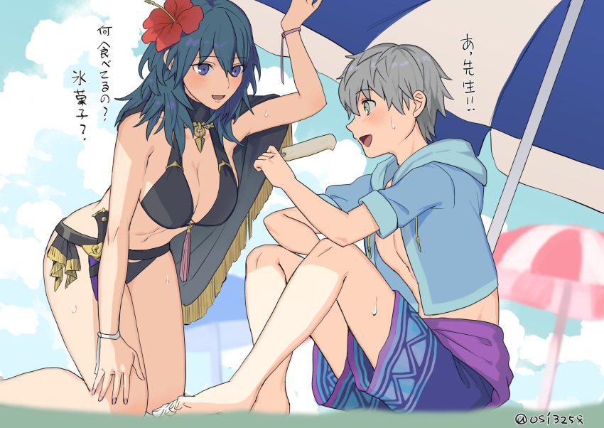 1boy 1girl alternate_costume arm_up ashe_ubert bare_legs beach bikini black_bikini black_swimsuit blue_eyes blue_hair breasts byleth_(fire_emblem) byleth_(fire_emblem)_(female) choker dagger fire_emblem fire_emblem:_three_houses fire_emblem_heroes flower food green_eyes grey_hair hair_flower hair_ornament hand_on_own_thigh highres holding holding_food ice_cream jacket kneeling knife large_breasts official_alternate_costume open_clothes open_jacket sweat sweatdrop swimsuit translated ushiomi weapon