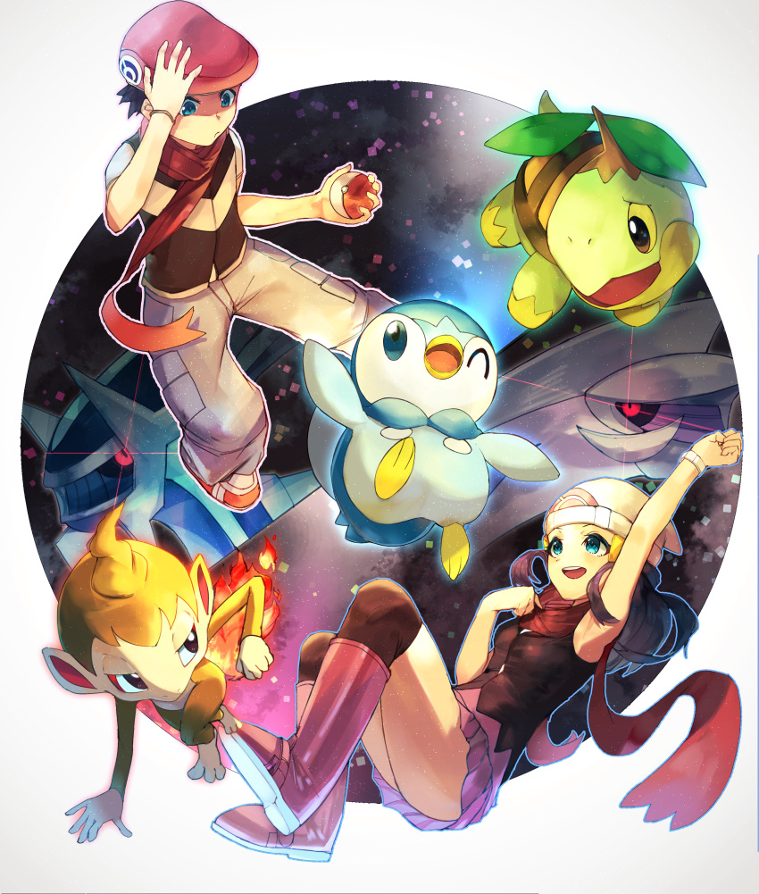 1boy 1girl absurdres arm_up beanie black_hair blue_eyes boots bracelet chimchar closed_mouth commentary_request dawn_(pokemon) dialga floating_scarf grey_pants hand_on_headwear hat highres holding holding_poke_ball jewelry lucas_(pokemon) orr_(kkkkbbbbc) palkia pants partial_commentary piplup poke_ball poke_ball_(basic) pokemon pokemon_(creature) pokemon_(game) pokemon_dppt red_headwear red_scarf scarf shirt shoes short_hair short_sleeves skirt starter_pokemon_trio turtwig white_headwear
