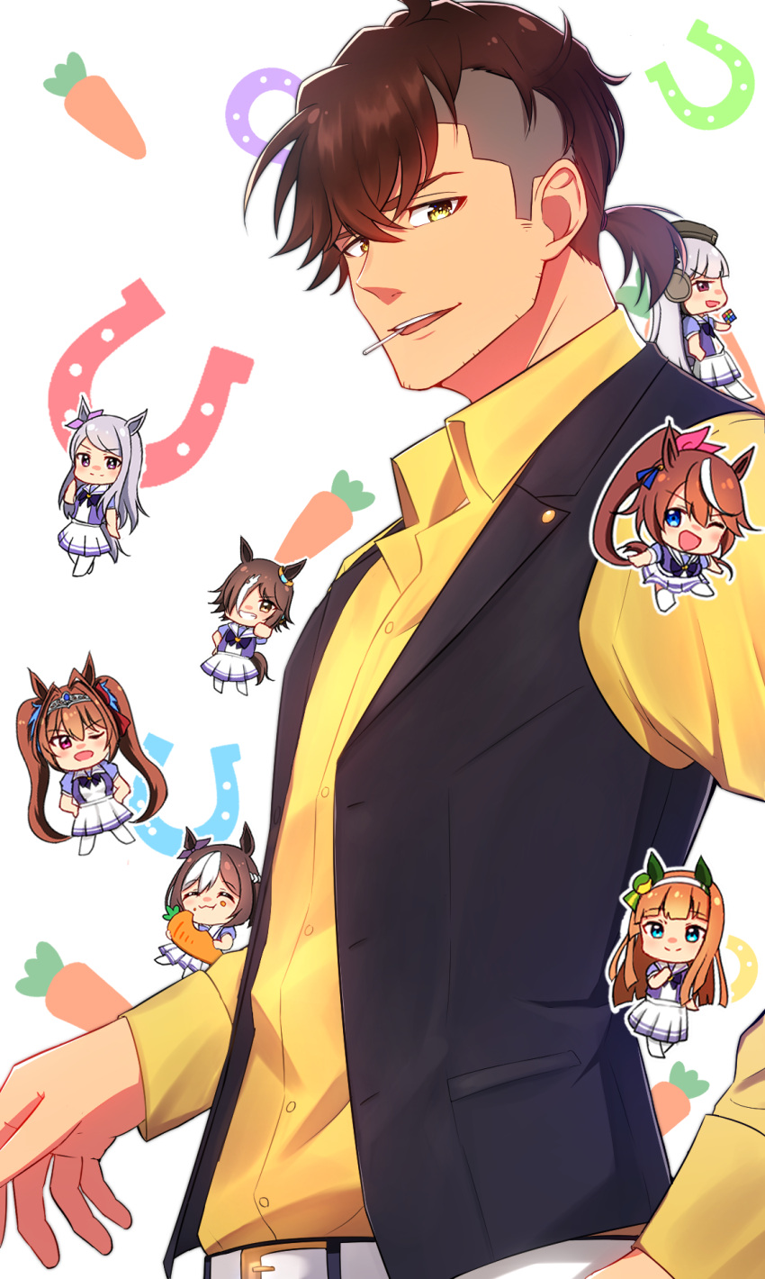 1boy 6+girls ;d animal_ears bangs black_vest blue_eyes blush brown_hair brown_headwear chibi choco_(chocovix112) closed_mouth collared_shirt commentary_request daiwa_scarlet_(umamusume) dress_shirt ear_covers ear_ribbon eyebrows_behind_hair gold_ship_(umamusume) grey_hair grin hair_between_eyes hair_intakes hair_ribbon highres horse_ears horse_girl horse_tail long_hair mejiro_mcqueen_(umamusume) minigirl mouth_hold multicolored_hair multiple_girls no_shoes one_eye_closed orange_hair parted_lips pink_ribbon pleated_skirt ponytail puffy_short_sleeves puffy_sleeves purple_eyes purple_shirt ribbon rubik's_cube school_uniform shirt short_sleeves silence_suzuka_(umamusume) skirt smile special_week_(umamusume) streaked_hair tail team_spica's_trainer teeth thick_eyebrows thighhighs tiara tokai_teio_(umamusume) tracen_school_uniform trainer_(umamusume) twintails umamusume upper_body upper_teeth v-shaped_eyebrows very_long_hair vest vodka_(umamusume) white_background white_hair white_legwear white_skirt yellow_eyes yellow_shirt