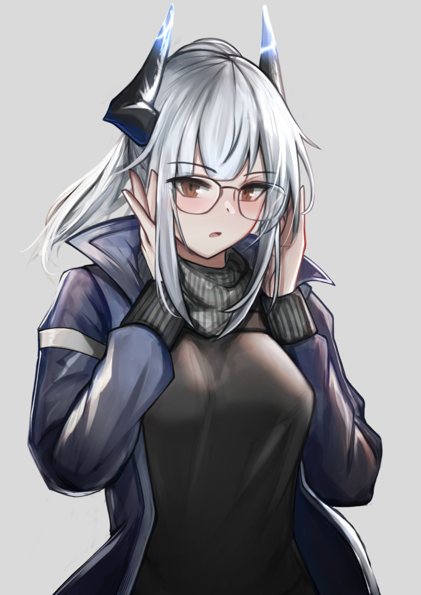 1girl arknights blacksteel_worldwide_(arknights) blush breasts dragon_girl dragon_horns eyebrows_visible_through_hair glasses grey_hair highres horns jacket krirk large_breasts liskarm_(arknights) long_sleeves looking_at_viewer open_mouth ponytail self_upload silver_hair