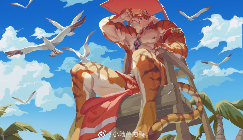 1boy abs animal_ears bara bird bulge from_below frown full_body furry furry_male highres large_pectorals lifeguard long_hair male_focus male_swimwear muscular muscular_male nipples official_alternate_costume pang_(sdorica) pectorals pigeon red_male_swimwear sdorica seashell shell solo swim_briefs tail thick_eyebrows thick_thighs thighs tiger_boy tiger_ears tiger_tail topless_male xiaolumiaoliya