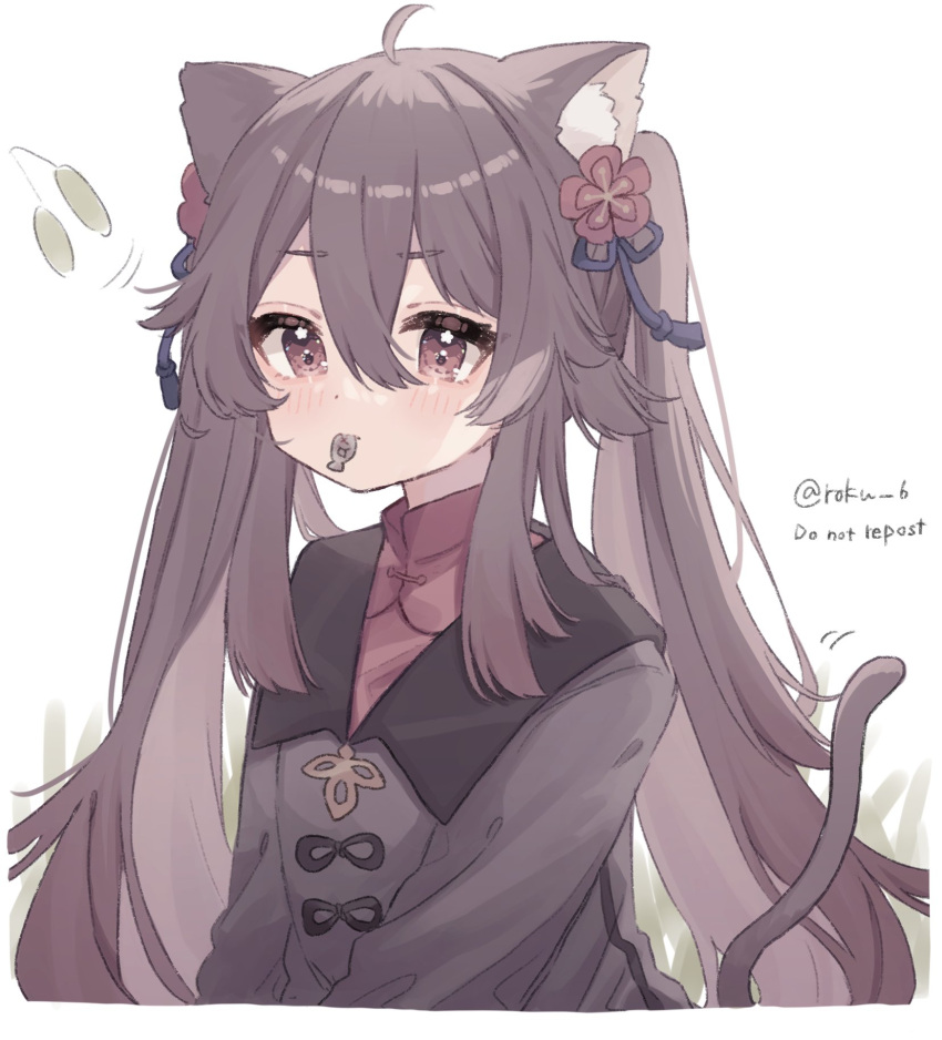 1girl ahoge animal_ears bangs blush brown_coat brown_hair cat_ears cattail coat commentary cropped_torso fish flower genshin_impact hair_flower hair_ornament highres hu_tao_(genshin_impact) kemonomimi_mode long_hair long_sleeves looking_at_viewer mouth_hold plant plum_blossoms red_eyes red_flower red_shirt roku_6 shirt sidelocks solo twintails twitter_username upper_body very_long_hair