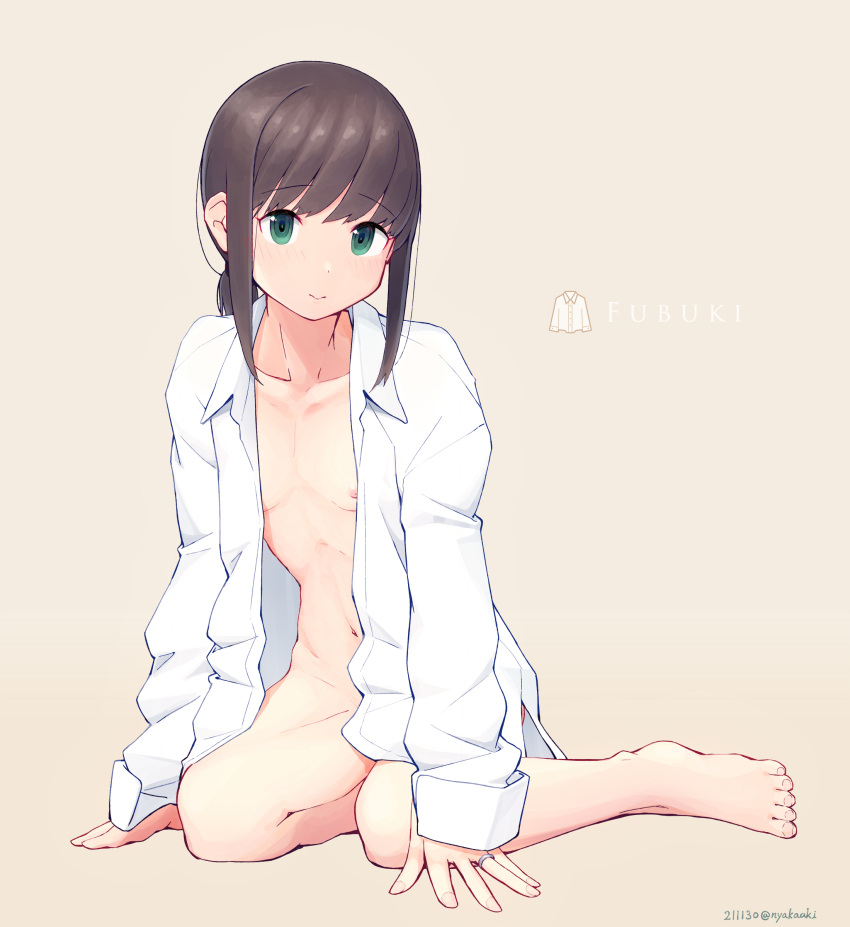 1girl absurdres brown_hair collared_shirt commentary flat_chest fubuki_(kancolle) green_eyes highres kantai_collection long_sleeves low_ponytail nakaaki_masashi naked_shirt navel nipples open_clothes open_shirt ponytail shirt short_ponytail sidelocks sitting solo white_shirt yokozuwari