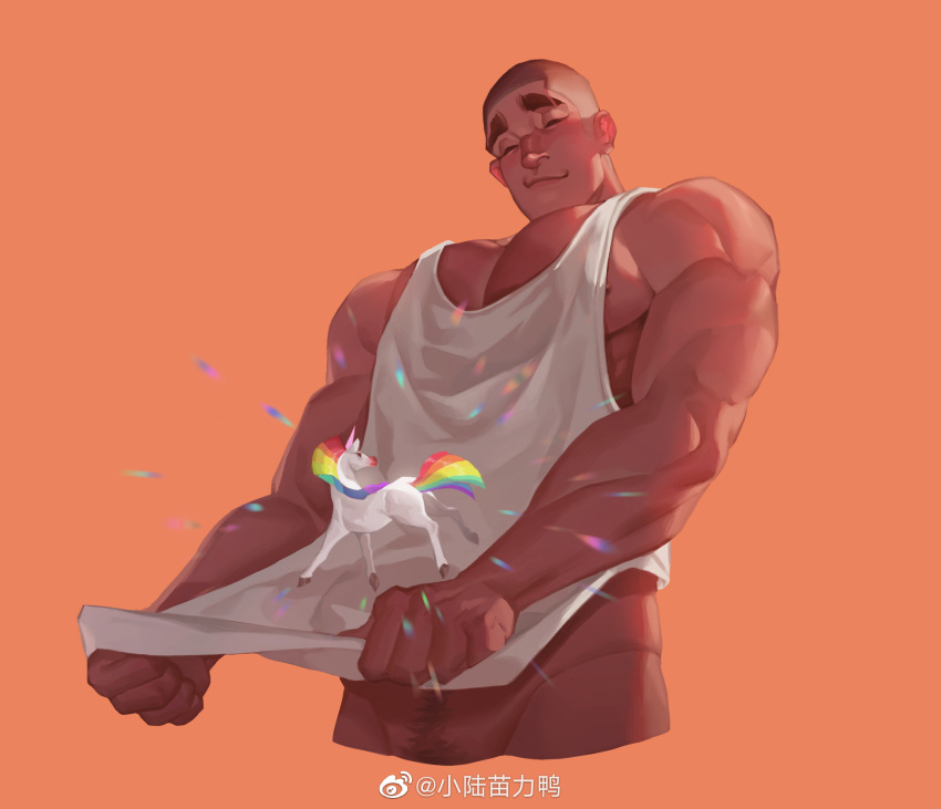 1boy bara blush buzz_cut clothes_lift cropped_legs giant giant_male groin highres large_pectorals lgbt_pride male_focus male_pubic_hair muscular muscular_male navel navel_hair nipple_slip nipples orange_background original pectoral_cleavage pectorals pubic_hair rainbow_gradient shirt_lift short_hair sideburns sidepec solo sparkle tank_top thick_eyebrows unicorn very_short_hair white_tank_top xiaolumiaoliya