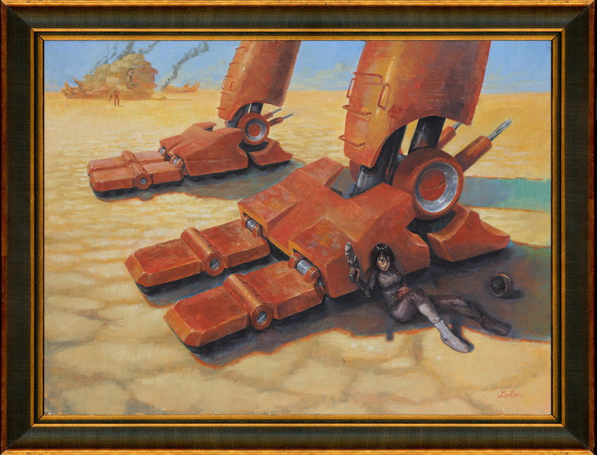 1boy 1girl blue_sky bodysuit boots commentary desert english_commentary feet gun handgun headwear_removed helmet helmet_removed injury lolo mecha oil_painting_(medium) original painting_(medium) photo_(medium) pilot pilot_suit robot scan science_fiction severed_torso sky smoke traditional_media weapon when_you_see_it wreckage