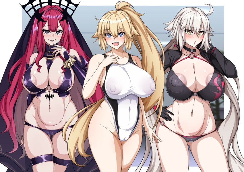 3girls :d ahoge areola_slip areolae ass_visible_through_thighs bangs bare_shoulders between_breasts bikini black_bikini black_gloves black_jacket blonde_hair blue_eyes blush bracelet breasts cameltoe choker cleavage collarbone covered_nipples cropped_jacket detached_sleeves fairy_knight_tristan_(fate) fate/grand_order fate_(series) gloves grey_eyes high_ponytail highleg highleg_swimsuit highres indoors jacket jeanne_d'arc_(alter_swimsuit_berserker)_(fate) jeanne_d'arc_(fate) jeanne_d'arc_(swimsuit_archer)_(fate) jewelry large_areolae large_breasts long_hair long_sleeves looking_at_viewer multiple_girls muta_poo navel o-ring o-ring_bikini one-piece_swimsuit open_mouth purple_hair revealing_clothes shrug_(clothing) silver_hair smile spiked_bracelet spikes swimsuit thigh_strap thighs veil very_long_hair yellow_eyes