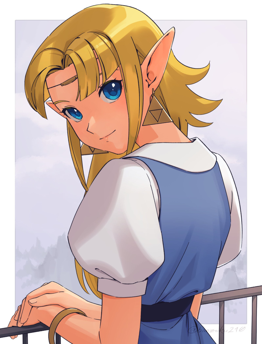 1girl a_(user_vtsy8742) bangs blonde_hair blue_dress blue_eyes bracelet closed_mouth dress earrings eyelashes fence highres jewelry long_hair looking_back parted_bangs pointy_ears princess_zelda shirt short_sleeves sidelocks smile solo the_legend_of_zelda the_legend_of_zelda:_a_link_to_the_past white_shirt