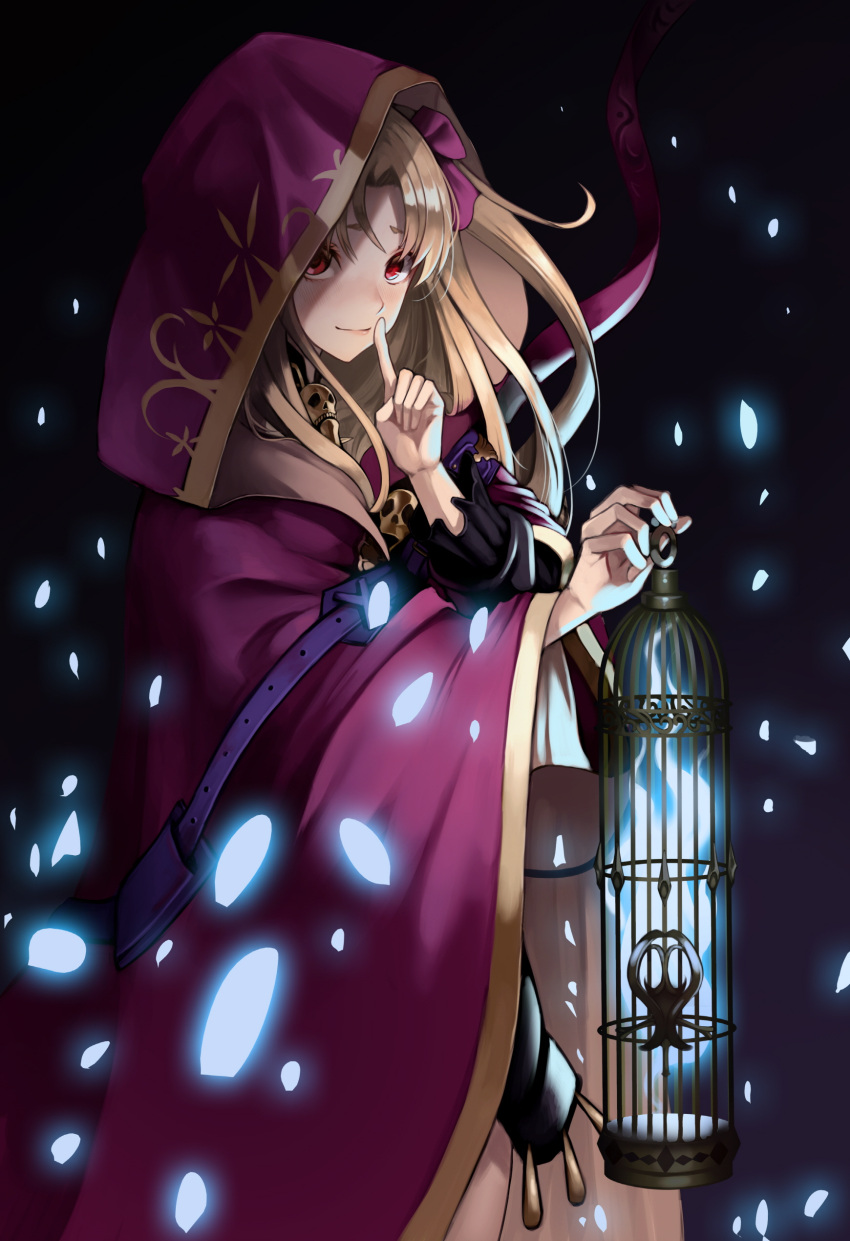 1girl absurdres blonde_hair blue_fire bow cage cloak commentary dark_background ereshkigal_(fate) fate/grand_order fate_(series) finger_to_mouth fire glowing_petals hair_bow haka_(djawnsgtlr) highres hitodama holding holding_cage hood hooded_cloak index_finger_raised looking_at_viewer petals red_cloak red_eyes shaded_face shushing solo twintails