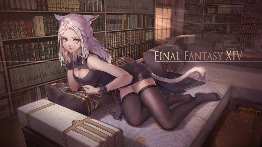 1girl absurdres animal_ears avatar_(ffxiv) black_dress black_legwear bookshelf breasts cat_ears cat_girl cat_tail cleavage cleavage_cutout closed_mouth clothing_cutout commentary_request copyright_name couch cushion dress elbow_rest facial_mark final_fantasy final_fantasy_xiv full_body heterochromia highres indoors library light_particles long_hair looking_at_viewer miqo'te no_shoes on_couch panties red_eyes scar scar_across_eye short_dress sleeveless sleeveless_dress smile solo tail thighhighs underwear whisker_markings white_hair white_panties wudiyishileiyu