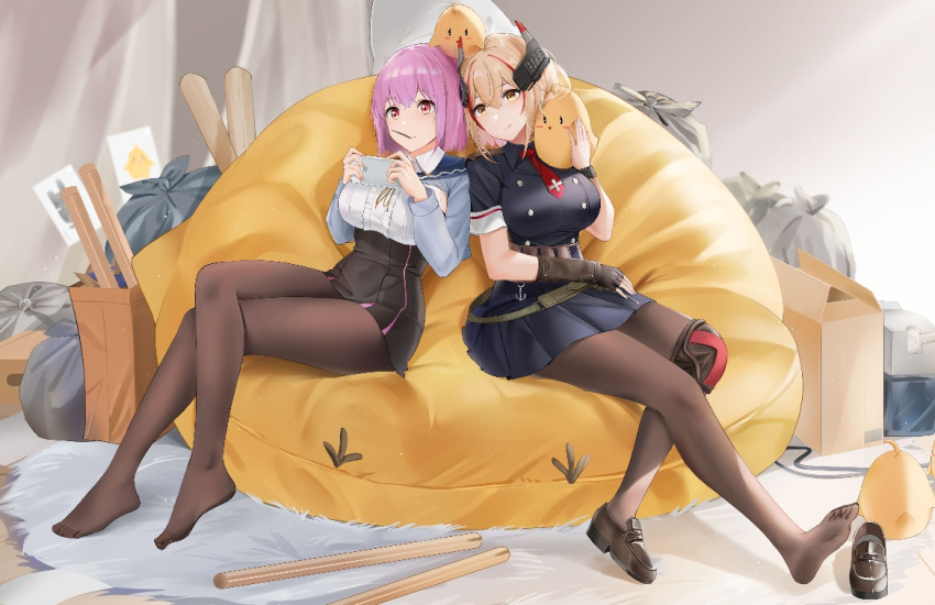 2girls animal_on_head azur_lane bangs bird black_footwear black_shirt black_skirt blonde_hair blue_jacket blush bow box breasts brown_bow brown_eyes brown_legwear buttons cardboard_box cellphone center_frills chick chinese_commentary closed_mouth collared_shirt commentary_request cross crossed_legs cushion day double-breasted eyebrows_visible_through_hair fingerless_gloves food food_in_mouth frills full_body gloves gridman_universe hair_between_eyes hand_up headgear high-waist_skirt holding holding_phone indoors iron_cross jacket knee_pads large_breasts long_sleeves looking_at_another manjuu_(azur_lane) multicolored_hair multiple_girls necktie official_alternate_costume on_head open_clothes open_jacket pantyhose phone pink_hair playing_games pocky qing_wu red_eyes red_hair red_necktie roon_(azur_lane) school_uniform shadow shinjou_akane shinjou_akane_(a_vacation_just_for_two) shirt shoes short_hair short_sleeves sidelocks single_fingerless_glove single_knee_pad single_shoe sitting skirt sleeveless sleeveless_shirt smartphone smile ssss.gridman streaked_hair trash_bag white_shirt wristband