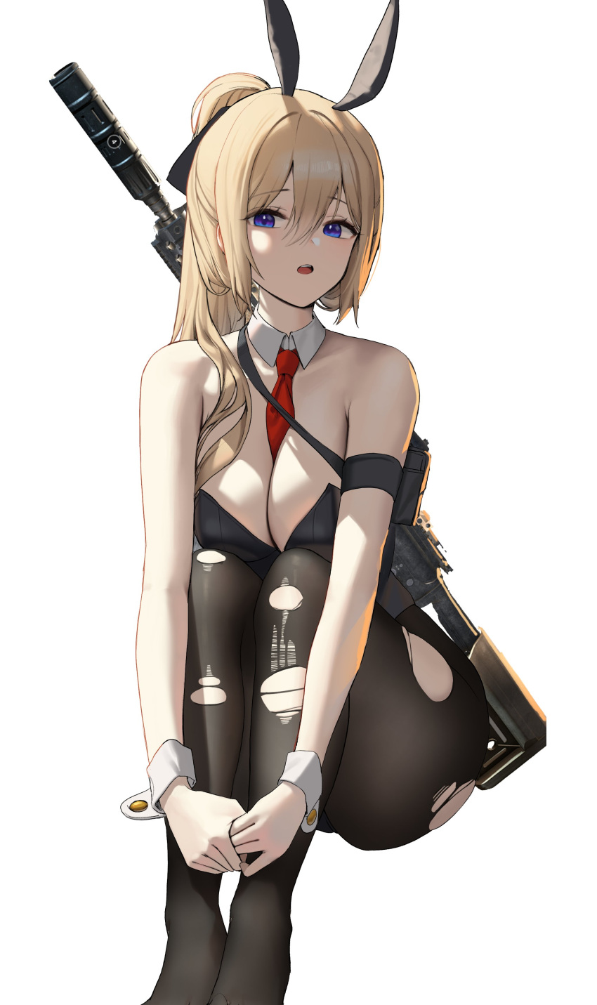 1girl absurdres animal_ears arm_strap assault_rifle bare_arms bare_shoulders black_legwear black_leotard blonde_hair blue_eyes breasts check_copyright cleavage commission copyright_request detached_collar extra_ears gun highres knees_up large_breasts leotard long_hair looking_at_viewer m4_carbine m4_sopmod_ii necktie no_shoes open_mouth original pantyhose playboy_bunny ponytail rabbit_ears rifle simple_background sitting solo strapless strapless_leotard torn_clothes torn_legwear weapon weapon_on_back white_background wrist_cuffs xi_xeong