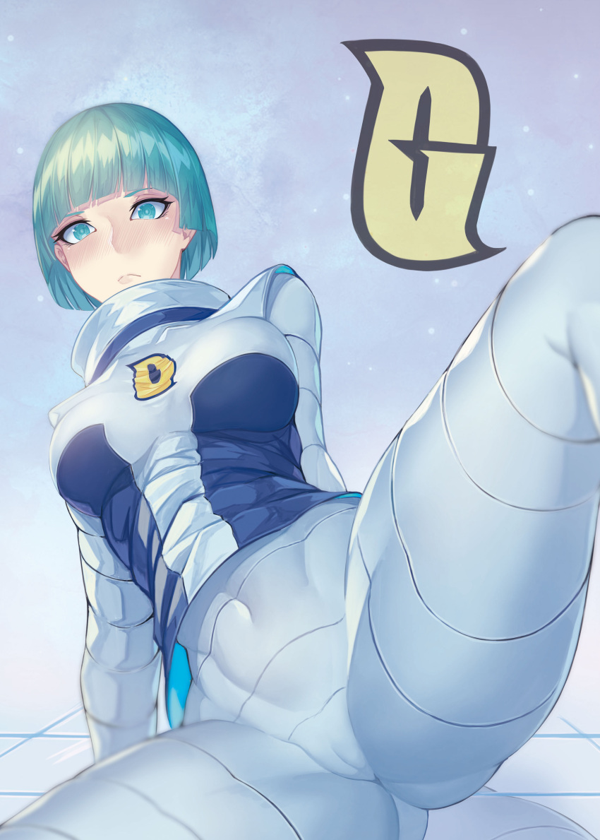 1girl absurdres aseroraito bangs blush bodysuit breasts cameltoe closed_mouth commentary_request covered_abs covered_navel eyelashes frown green_eyes green_hair grey_bodysuit highres logo pokemon pokemon_(game) pokemon_dppt shiny shiny_hair short_hair solo spread_legs team_galactic team_galactic_grunt team_galactic_uniform tile_floor tiles vest