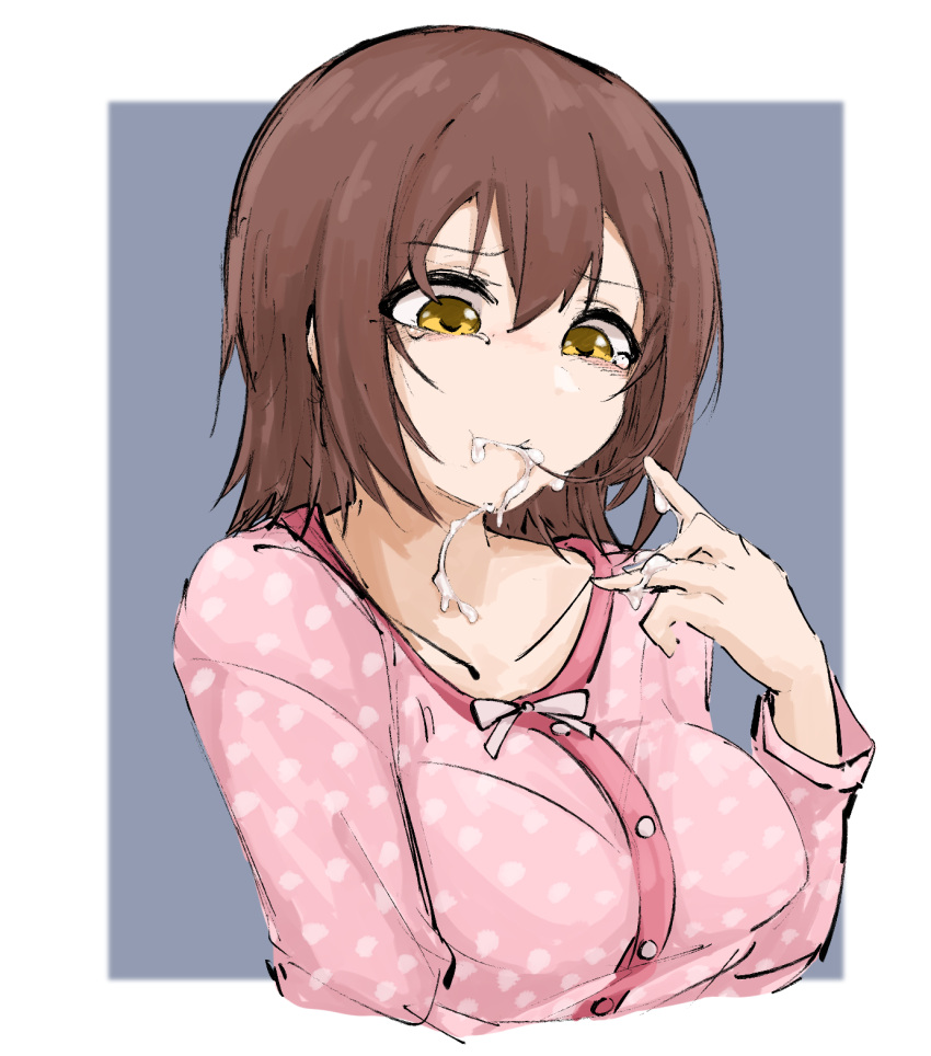 1girl border breasts brown_eyes brown_hair cropped_arms cropped_torso cum cum_in_mouth cum_on_body cum_on_fingers cum_on_neck grey_background hair_between_eyes hair_in_mouth highres idolmaster idolmaster_million_live! idolmaster_million_live!_theater_days jinoyou kasuga_mirai large_breasts medium_hair outside_border pajamas sketch solo tearing_up white_border