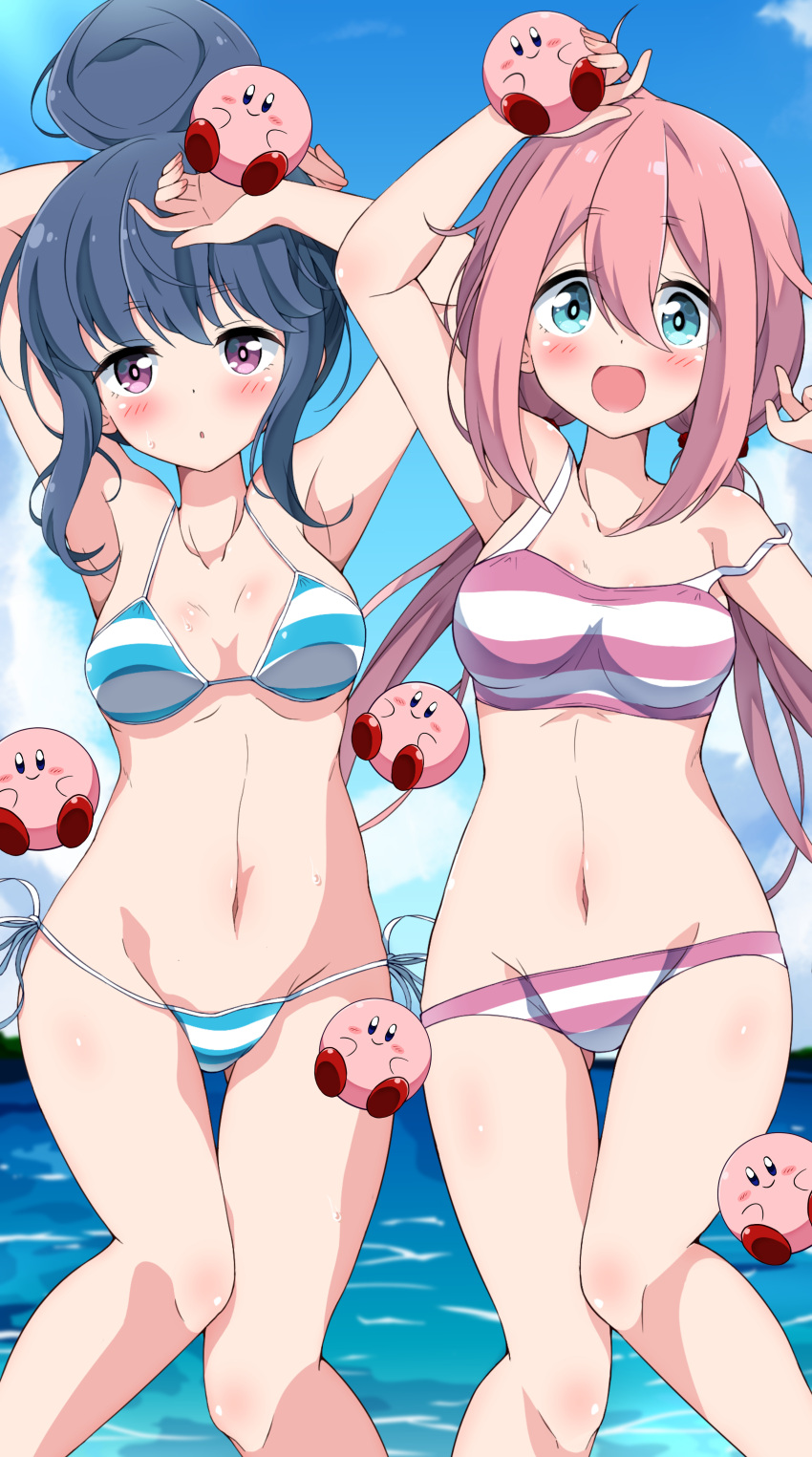 2girls :d absurdres armpits arms_up ass_visible_through_thighs bangs bare_legs barefoot bed_sheet bikini blue_eyes blue_hair blue_sky blush breasts cleavage cloud collarbone commentary_request day eggman_(pixiv28975023) eyebrows_visible_through_hair feet hair_between_eyes hair_bun highres horizon kagamihara_nadeshiko kirby_(series) knees_together_feet_apart long_hair looking_at_viewer medium_breasts multiple_girls navel ocean open_mouth outdoors pink_hair purple_eyes shima_rin side-tie_bikini sidelocks sky smile standing striped striped_bikini swimsuit toes twintails underboob yurucamp