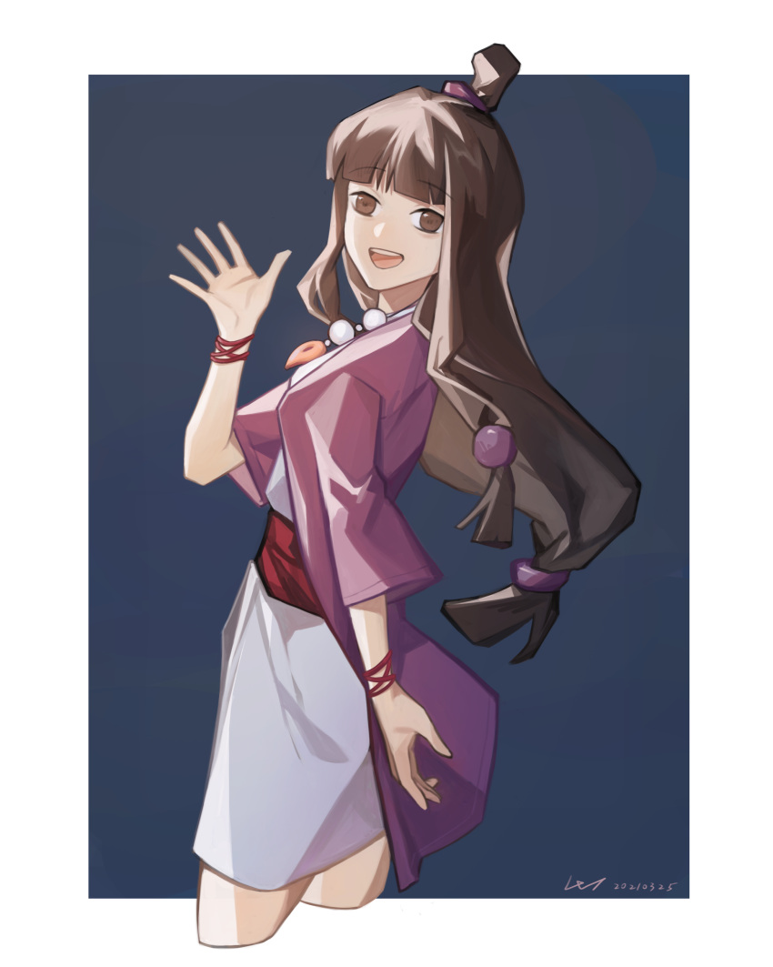 1girl :d absurdres ace_attorney black_eyes bracelet coat hair_bun hand_up highres jewelry long_hair low-tied_long_hair maya_fey necklace smile solo wide_sleeves wt2575