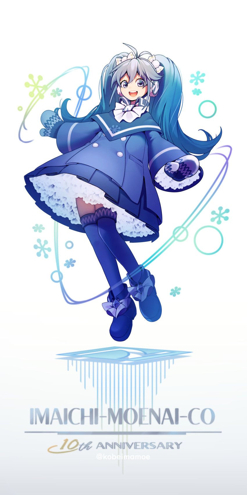 1girl :d abiko_yuuji absurdres ankle_boots anniversary antenna_hair bangs blue_coat blue_eyes blue_footwear blue_hair blue_legwear blue_mittens boots buttons candy_hair_ornament character_name coat double-breasted earmuffs eyebrows_visible_through_hair eyes_visible_through_hair food-themed_hair_ornament full_body gradient gradient_background hair_between_eyes hair_ornament highres imaichi_moenai_ko kobe_shinbun long_hair long_sleeves looking_at_viewer mittens open_mouth petticoat round_teeth smile solo teeth thighhighs twintails zettai_ryouiki